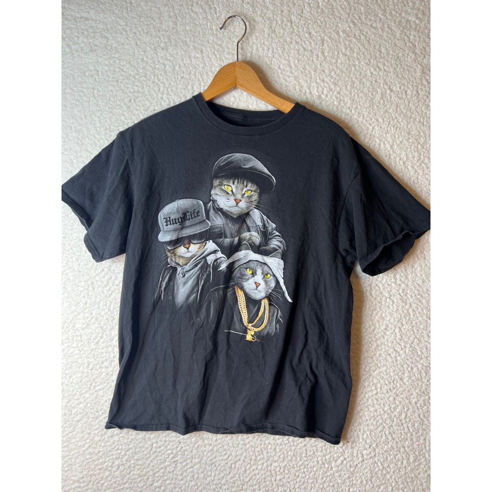 DOM Mens Hug Life Gangster Cats Graphic T-Shirt Black Large L Cotton Tee